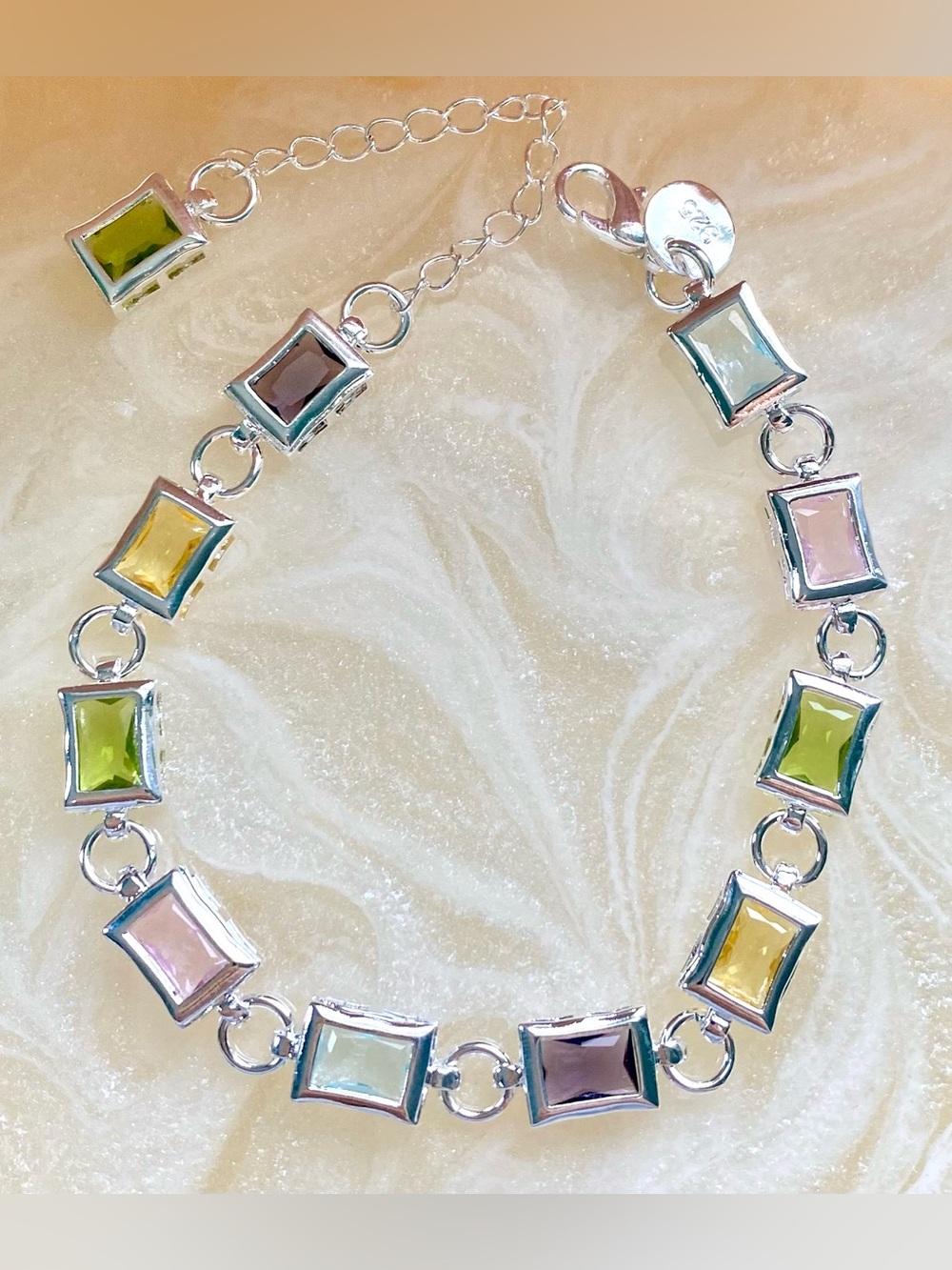 Silver Multi-Gem Colorful Rectangle Link Bracelet - Pastel Stones